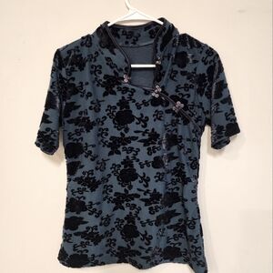 Y2K Oriental Emerald Green Velour Short Sleeve Top|Small|Floral|Embossed Vintage